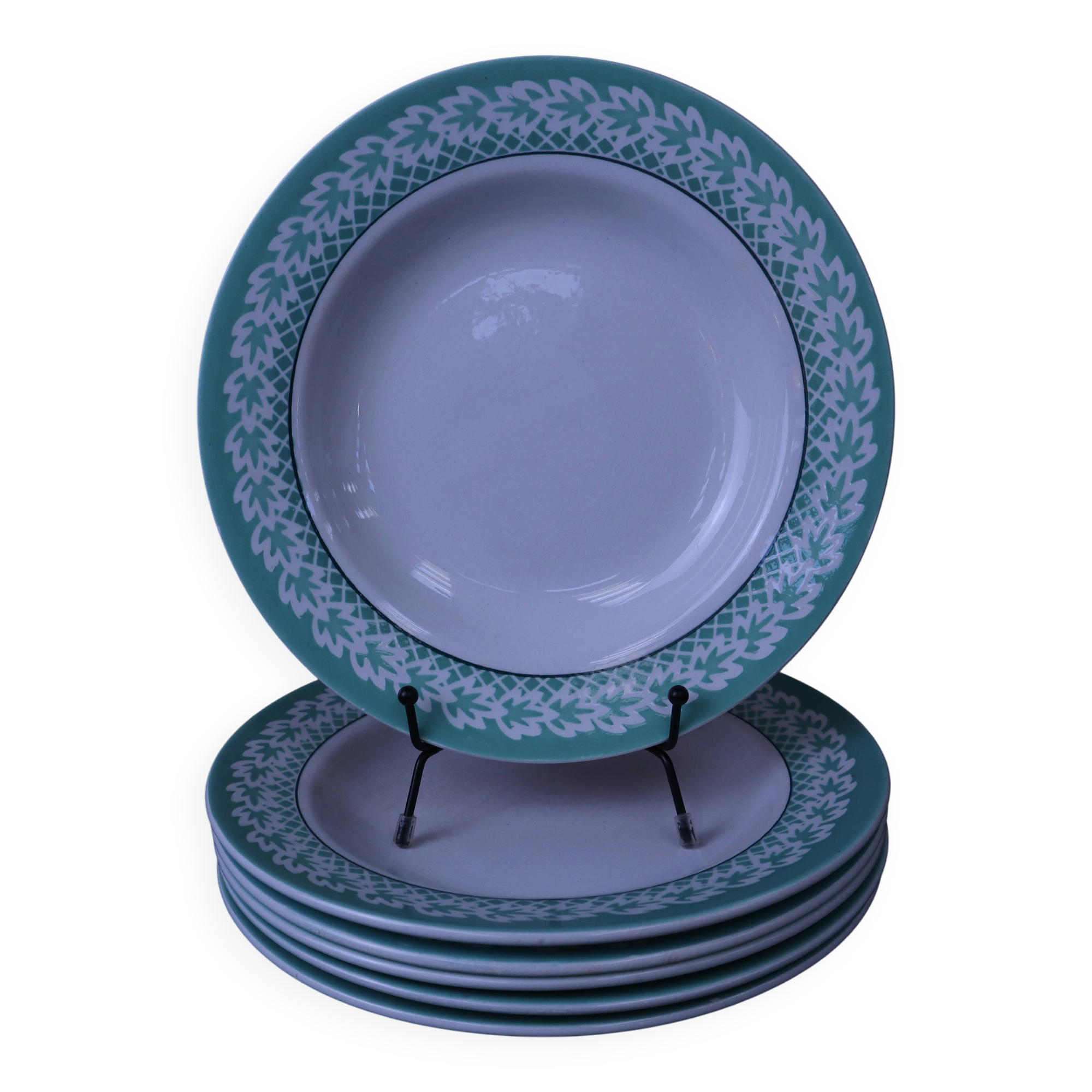 Set of 6 KIFO L'Amandinoise deep plates with green leaf design.
