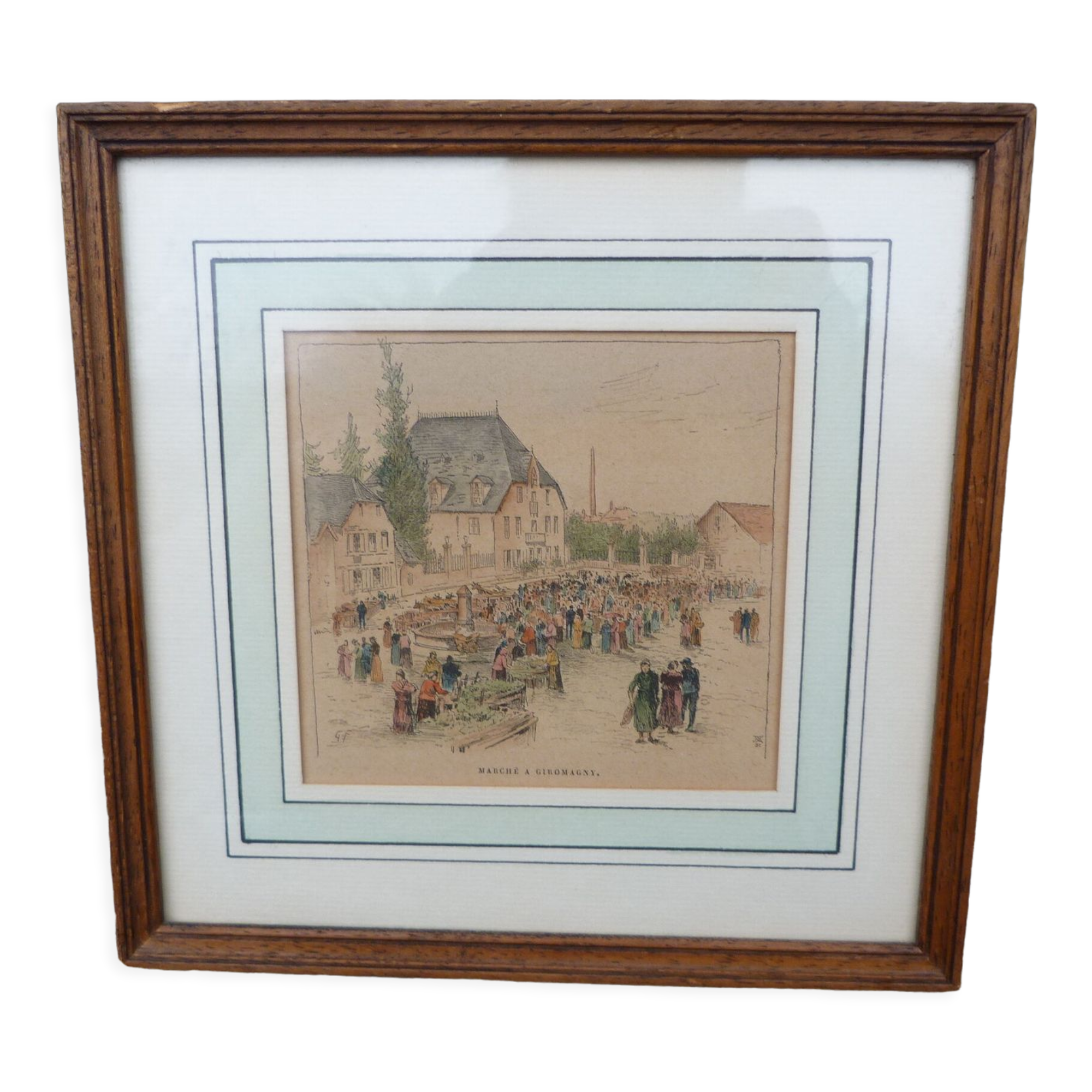 Enhanced watercolor engraving Giromagny market signed G.F