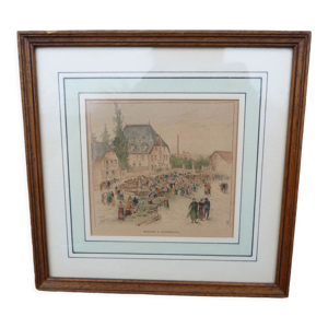 Gravure réhaussée aquarelle marché