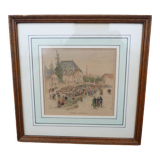Enhanced watercolor engraving Giromagny market signed G.F