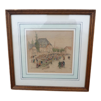 Gravure réhaussée aquarelle marché de Giromagny signée G.F
