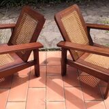 Pair of armchairs in rosewood and canework 1950