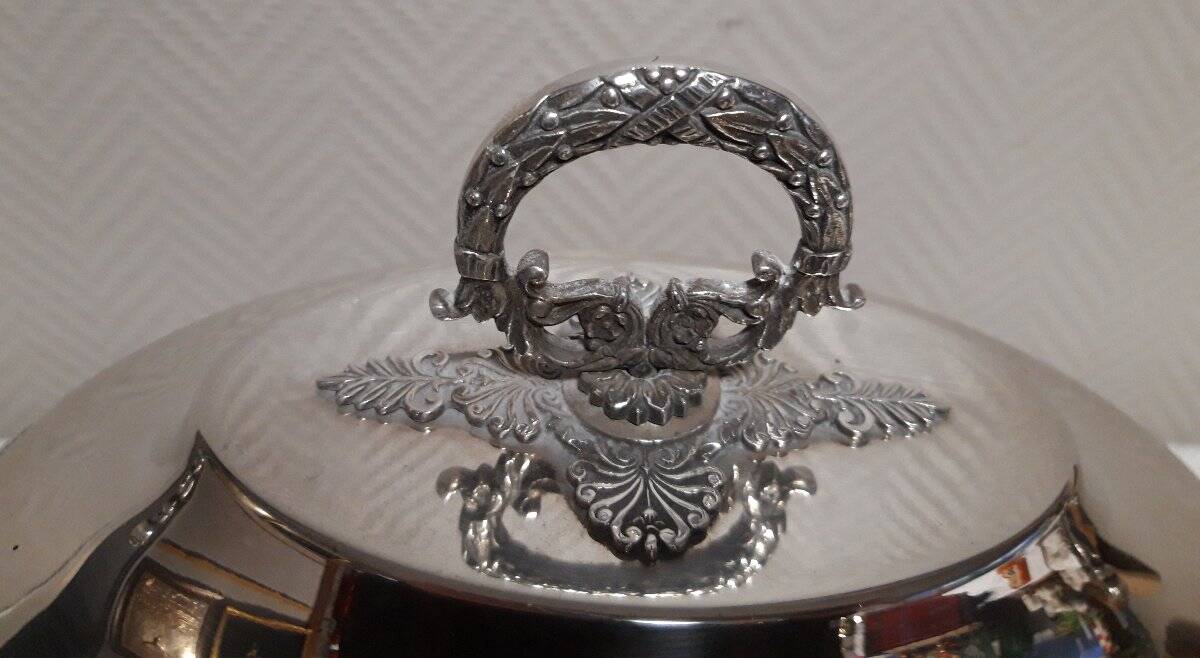 Antique silver-plated soup tureen – decorated handles – classic style