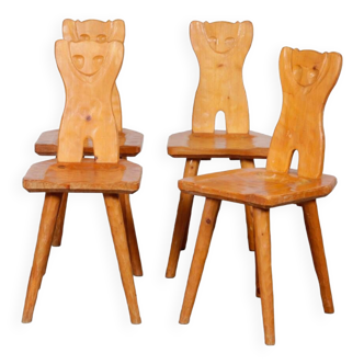 Set of 4 wooden chairs with zoomorphic backs, 1960