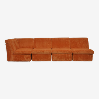 Orange corduroy Modular sofa from the 70's, 4 pieces