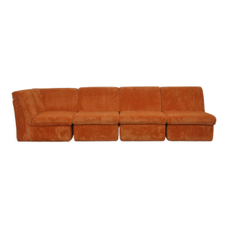 Canapé modulaire en velours côtelé orange des années 70, 4 pièces