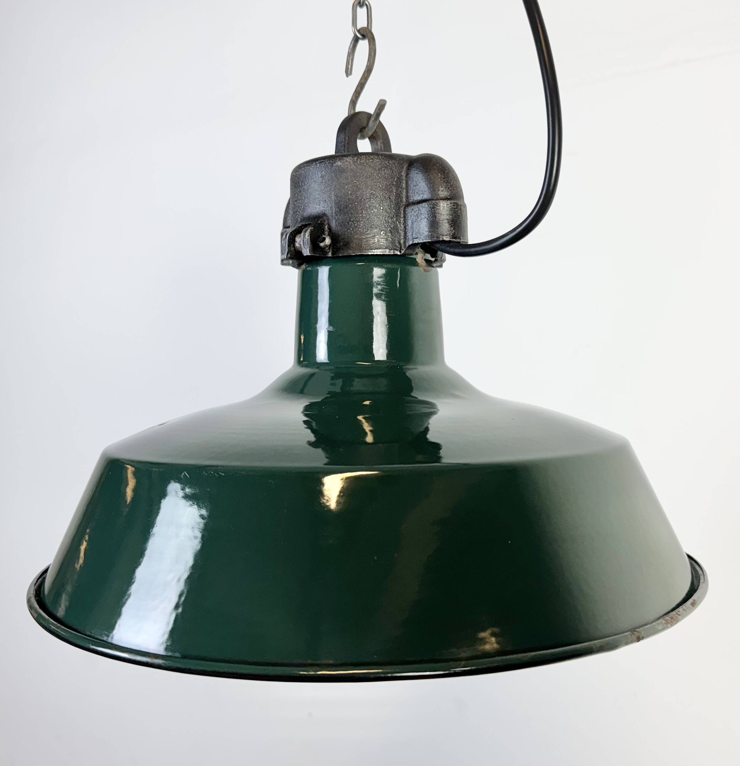 Industrial French Dark Green Enamel Factory Pendant Lamp, 1960s