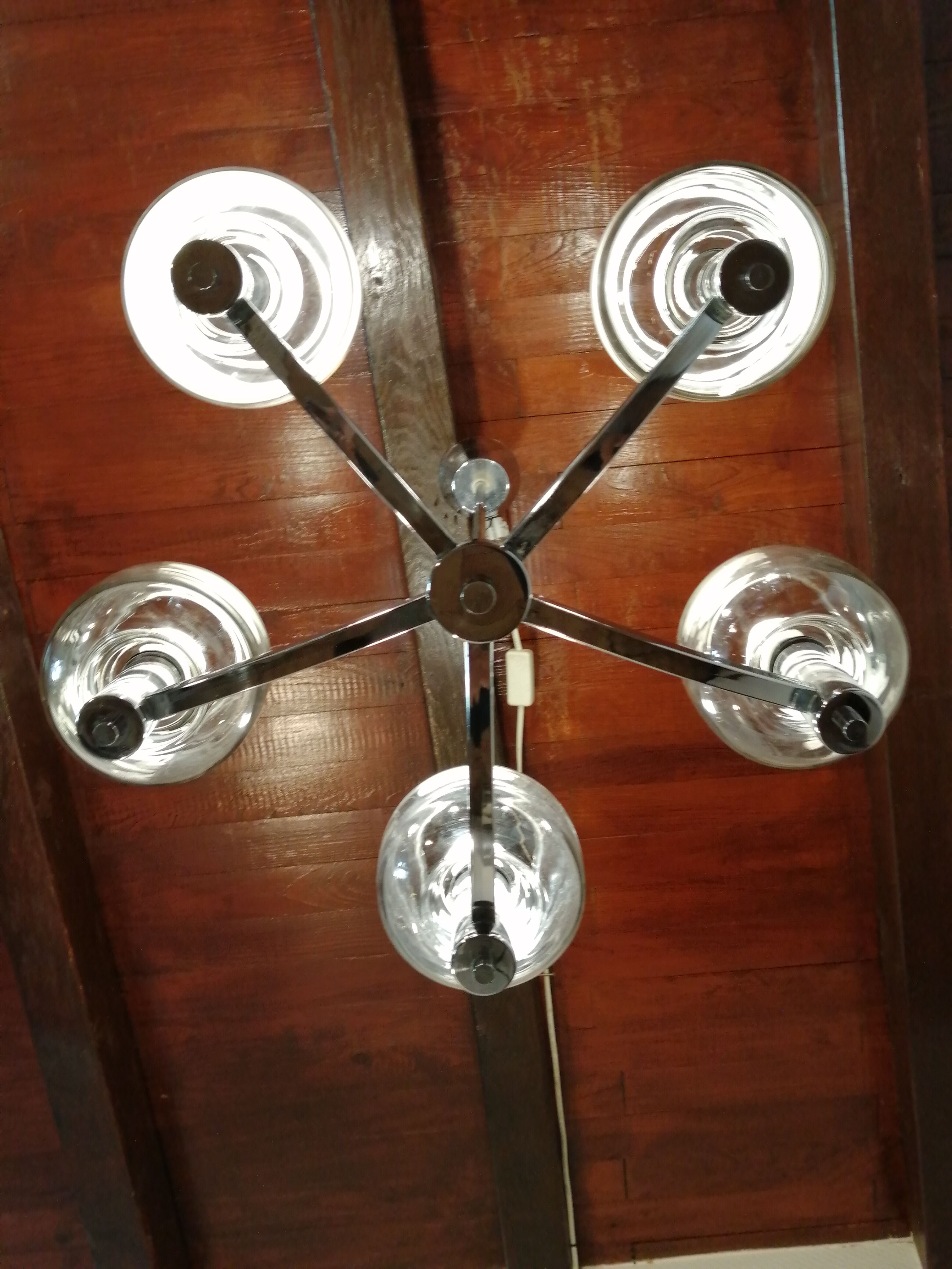 5-spoke chromed metal chandelier and smoked glass globes from Maison See Delmas 1970 vintage