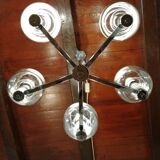 5-spoke chromed metal chandelier and smoked glass globes from Maison See Delmas 1970 vintage