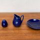 Swedish Salier Mid-Century Bla Eld, Salt Shaker, Milk Jug, Saucer and Plate by Hertha Bengtson for Rörstrand, 1960s, Set of 4