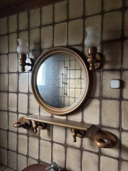 Large vintage wooden bathroom set / mirror with shelf / towel rack