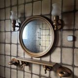 Large vintage wooden bathroom set / mirror with shelf / towel rack