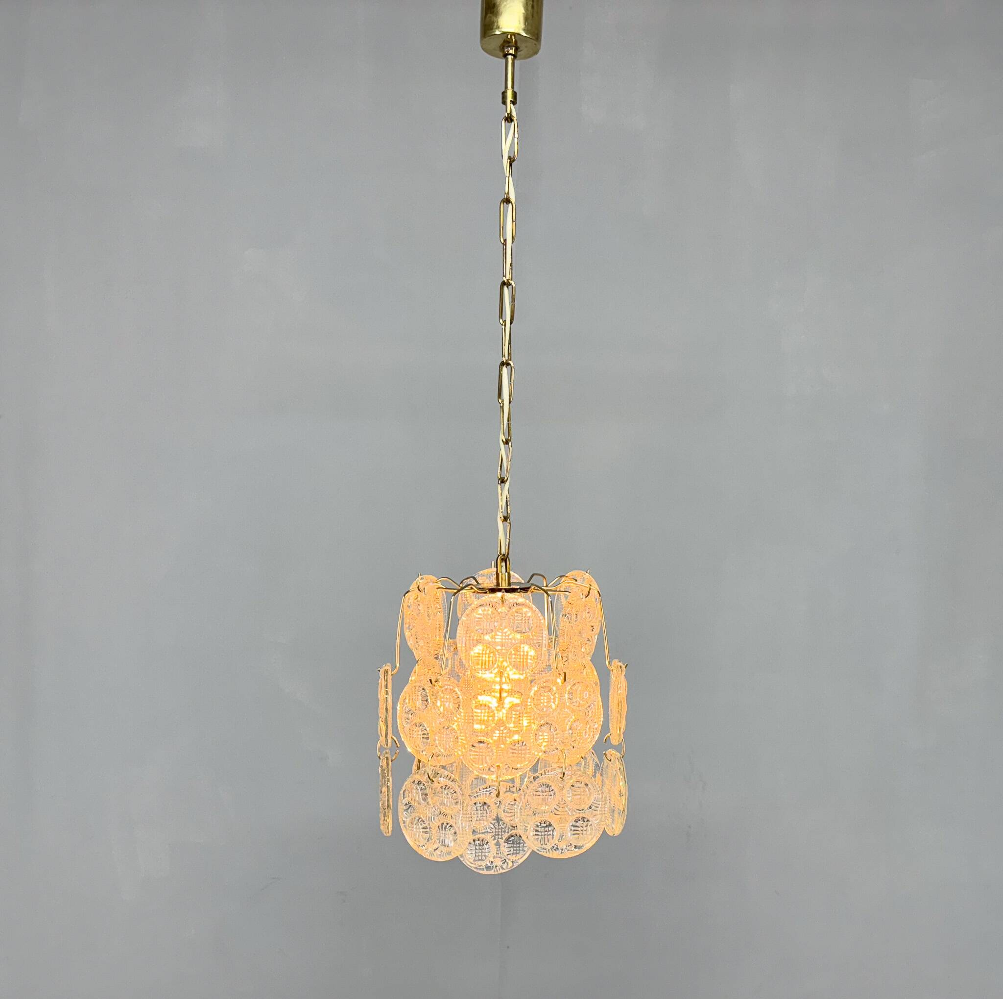 1970s Brass & Pressed Glass Chandelier, Czechoslovakia