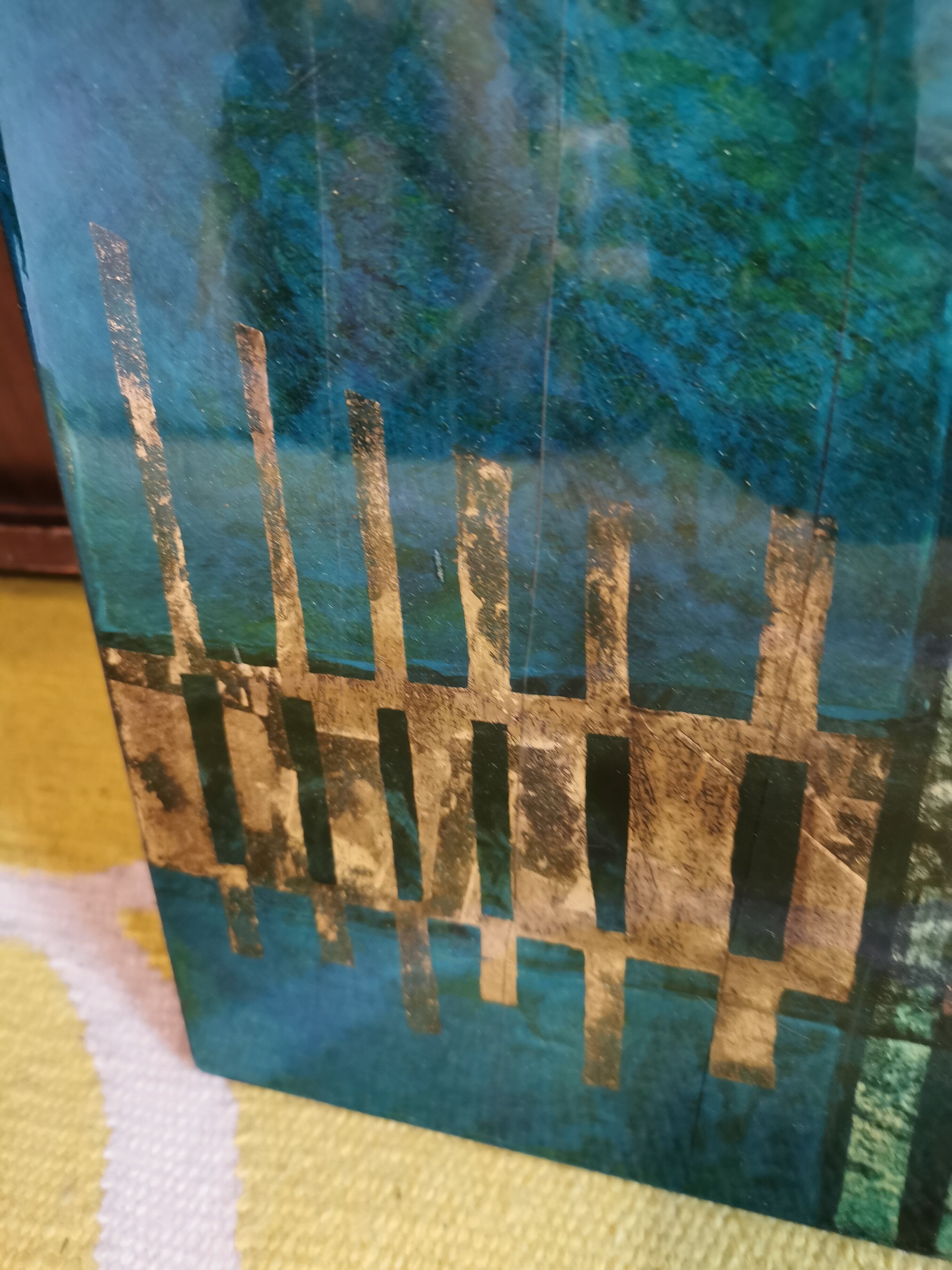 Green and gold laque mirror signed Clémence