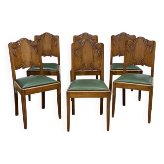 Suite de 6 chaises Art déco en noyer et assise simili cuir - années 50