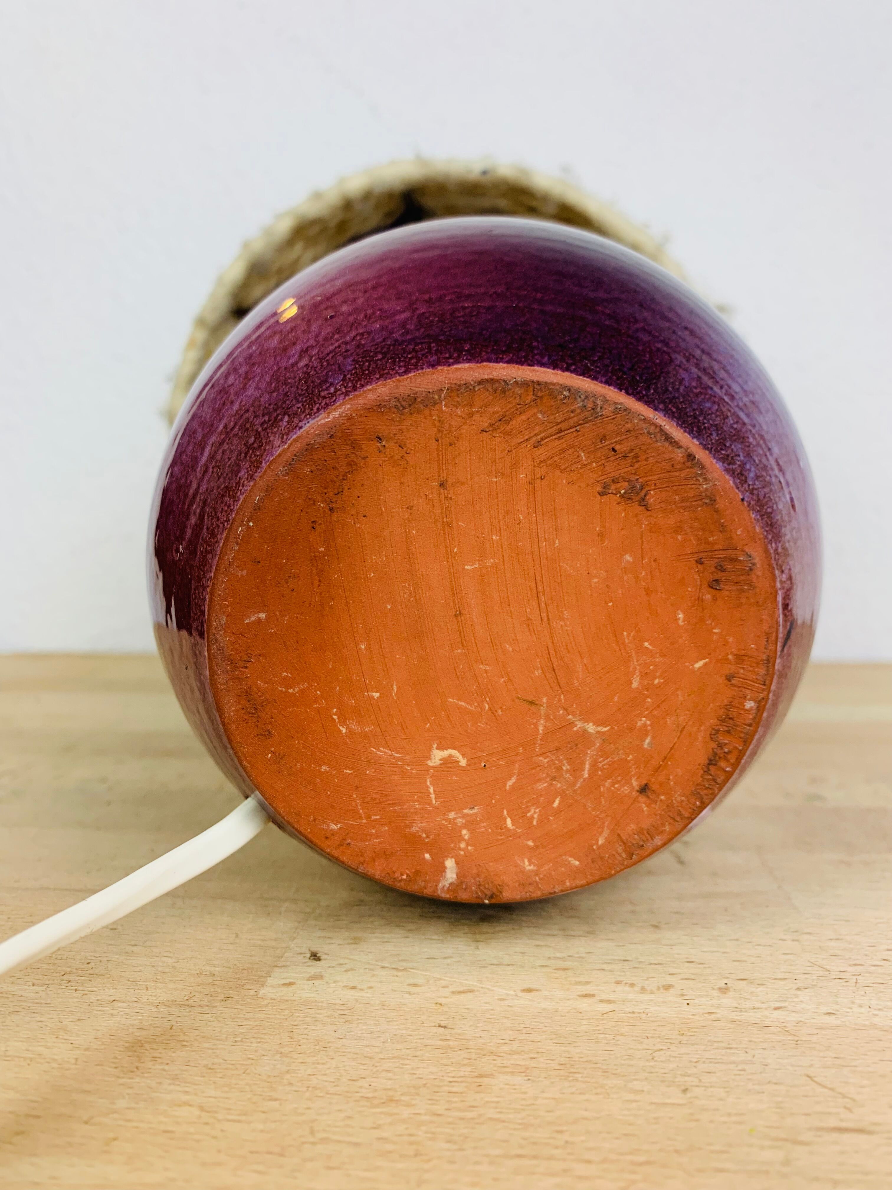 Purple ceramic lamp and wool lampshade 70s