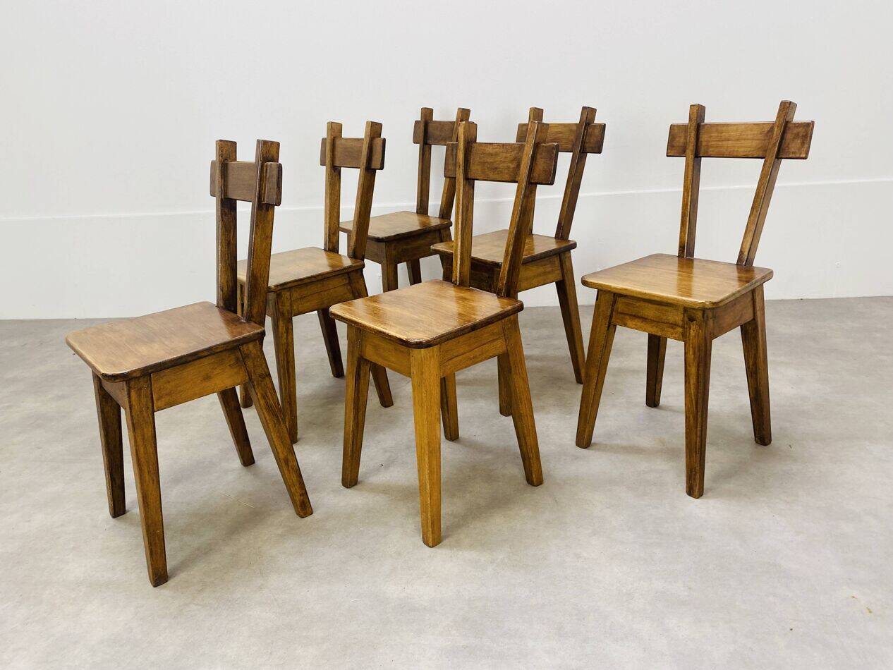 6 brutalist solid wood chairs, chalet decor, vintage