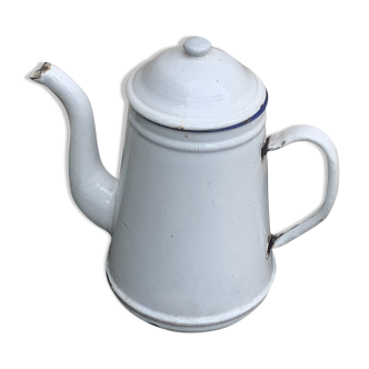 Cafetière en fer émaillée avec couvercle blanche à liseré bleu art déco