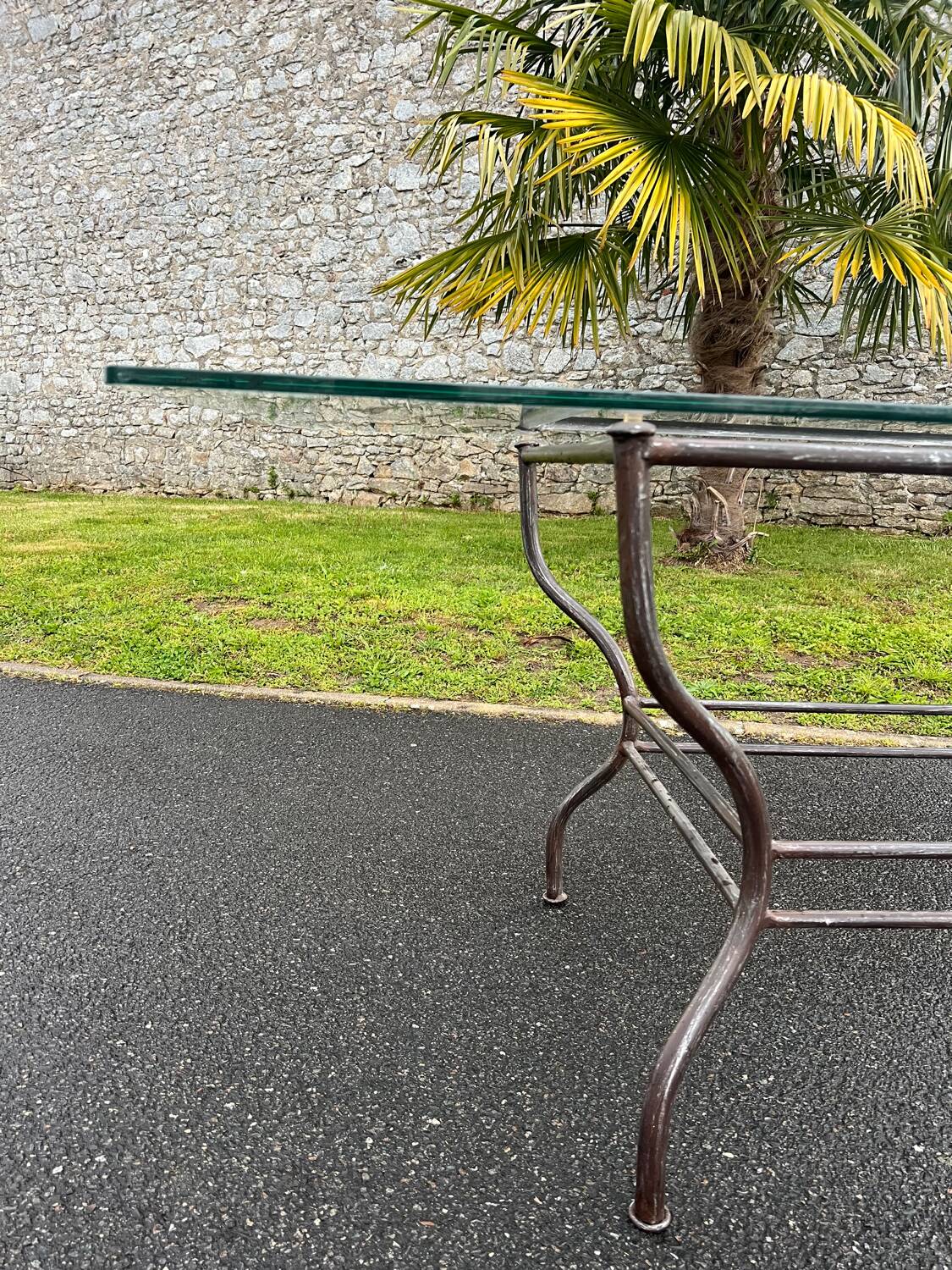 Rectangular table translucent glass top metal base vintage 1980