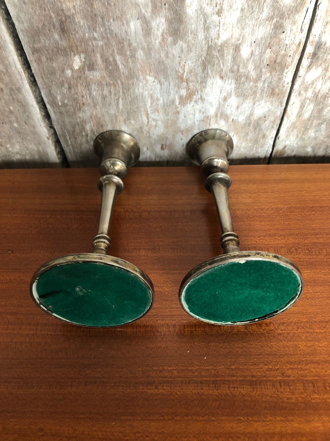 Old pair of silver metal candlesticks vintage pearl rank