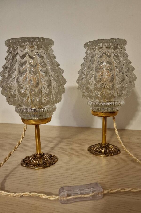 Duo lampes verre ciselé pied bronze ancien
