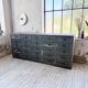 Patinated blue workshop furniture with XL drawers in oak and beech.