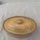 Old terrine in glazed stoneware and floral decoration mustard yellow slip