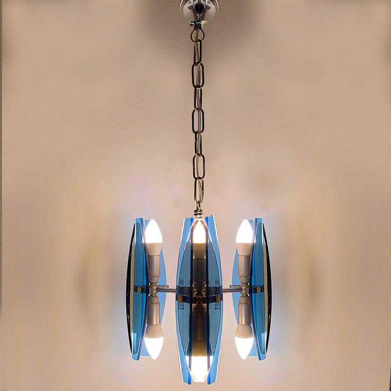 1970s Gorgeous Blue and Smoked Glass Pendant Lamp by Veca. Made in Italy
