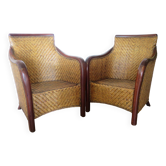 Lot de 2 fauteuils en rotin tressé et bois exotique, années 80