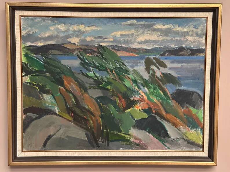 Large original Swedish oil on canvas – "Rocky Shore" – Signed – vintage and framed – 91 × 70 cm (35.8 in × 27.6 in)