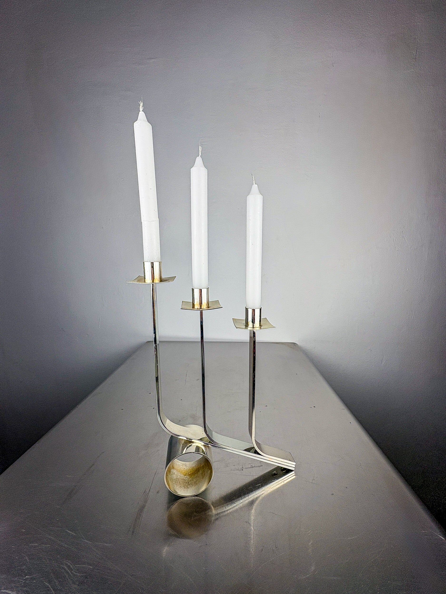 Art Deco 3-flame candelabra in stainless steel, France
