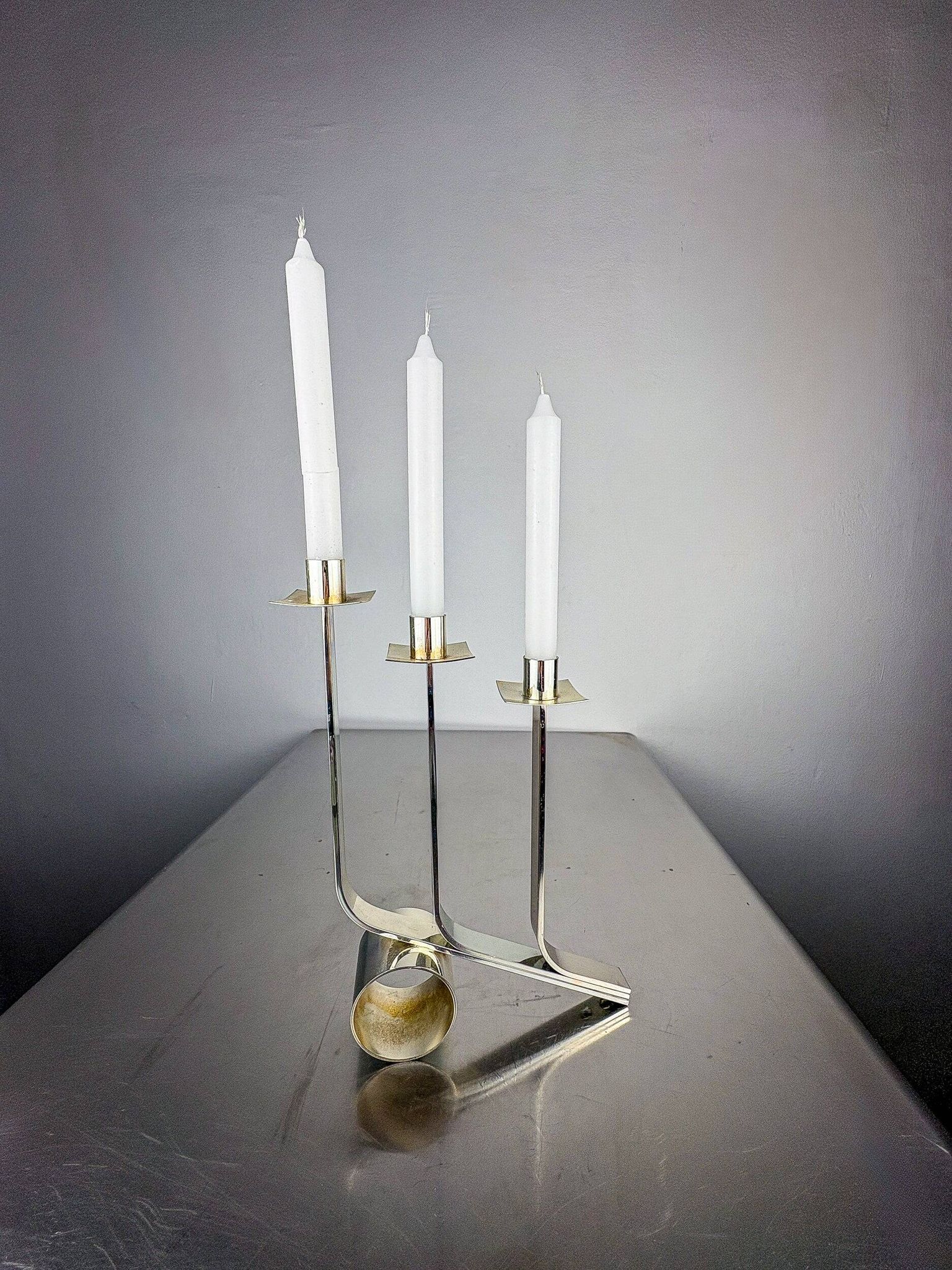 Art Deco 3-flame candelabra in stainless steel, France