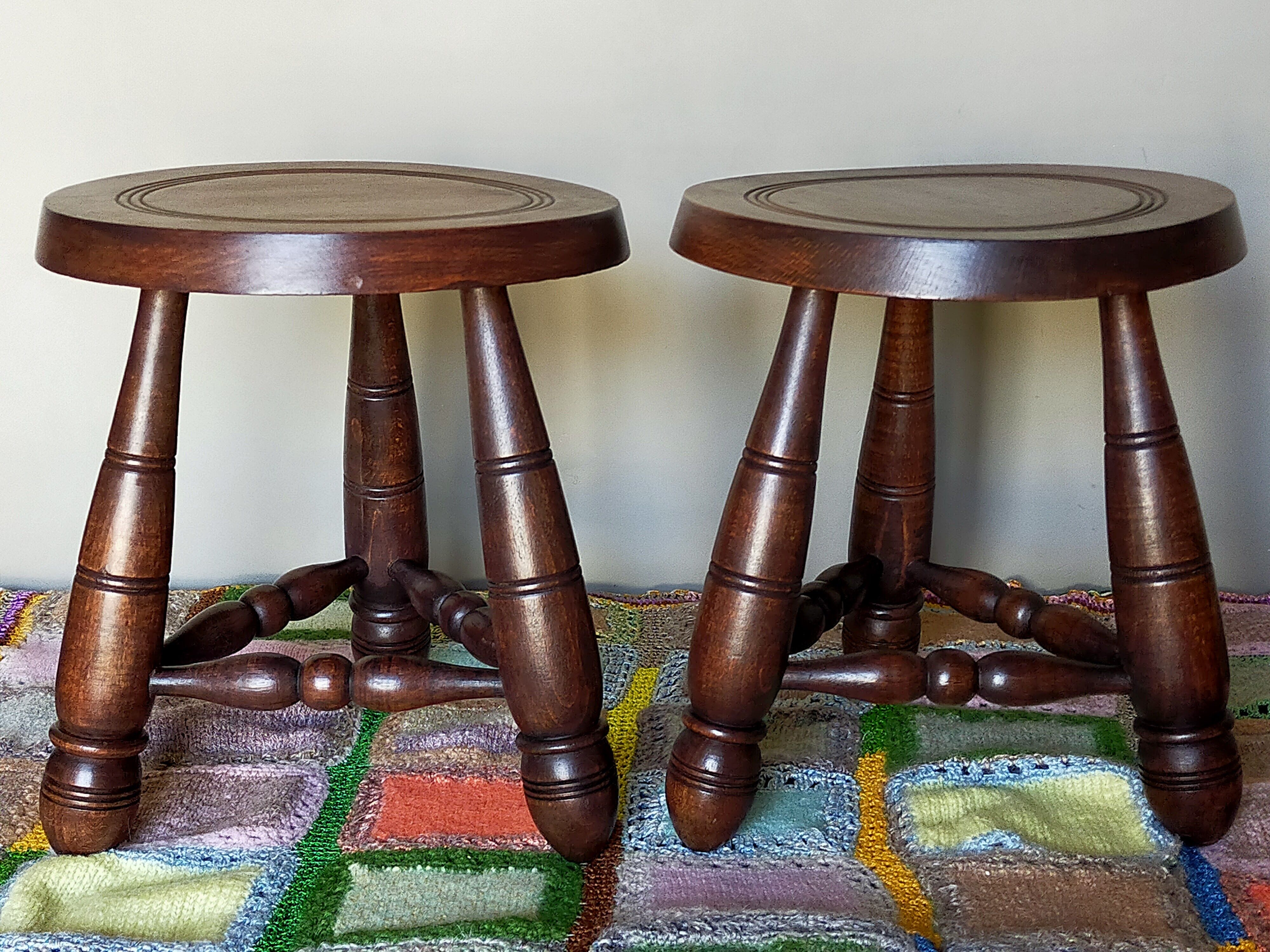 Pair of vintage wooden tripods stools
