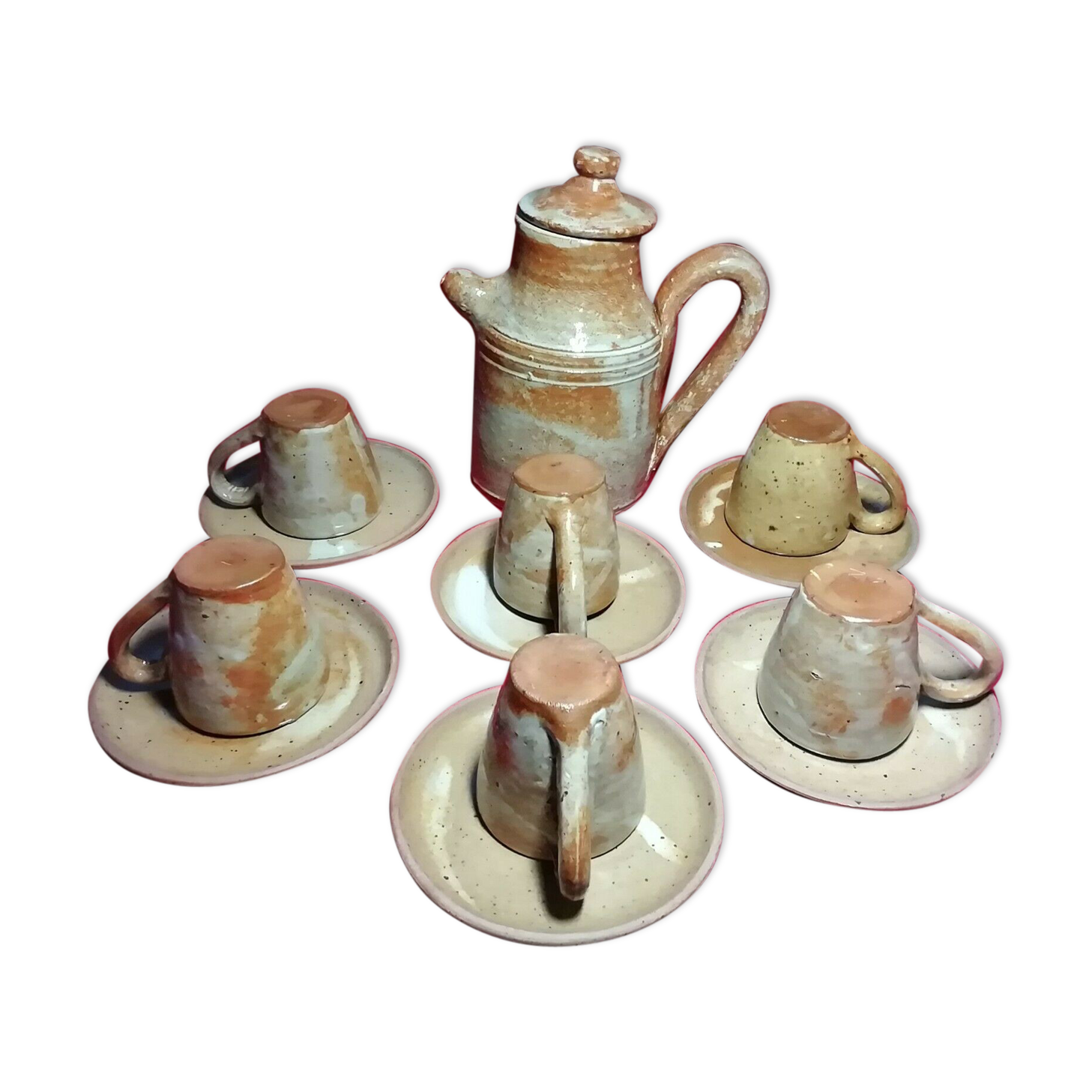 Set of 6 cups and under cups and teapot vered terracotta coffee