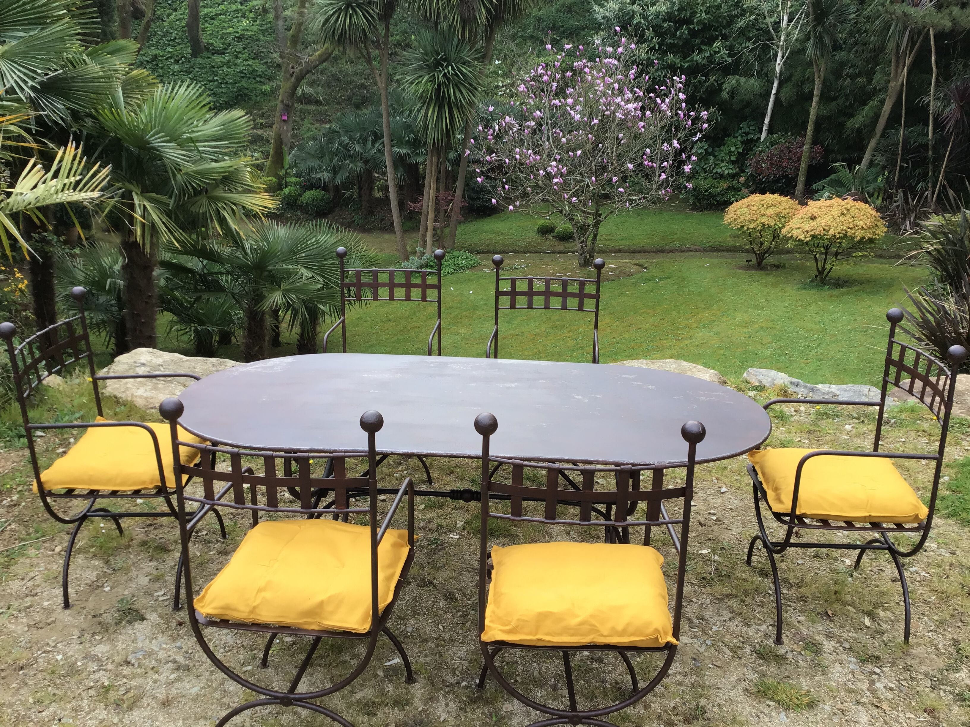 Table & 6 wrought iron chairs, 6 cushions