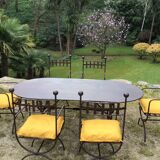 Ensemble table & 6 chaises en fer forgé, 6 coussins