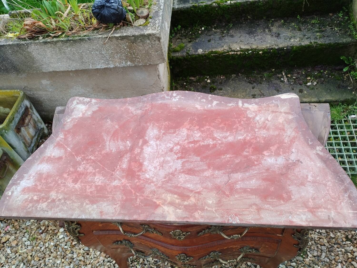 Louis xv style marble top marquetry chest of drawers