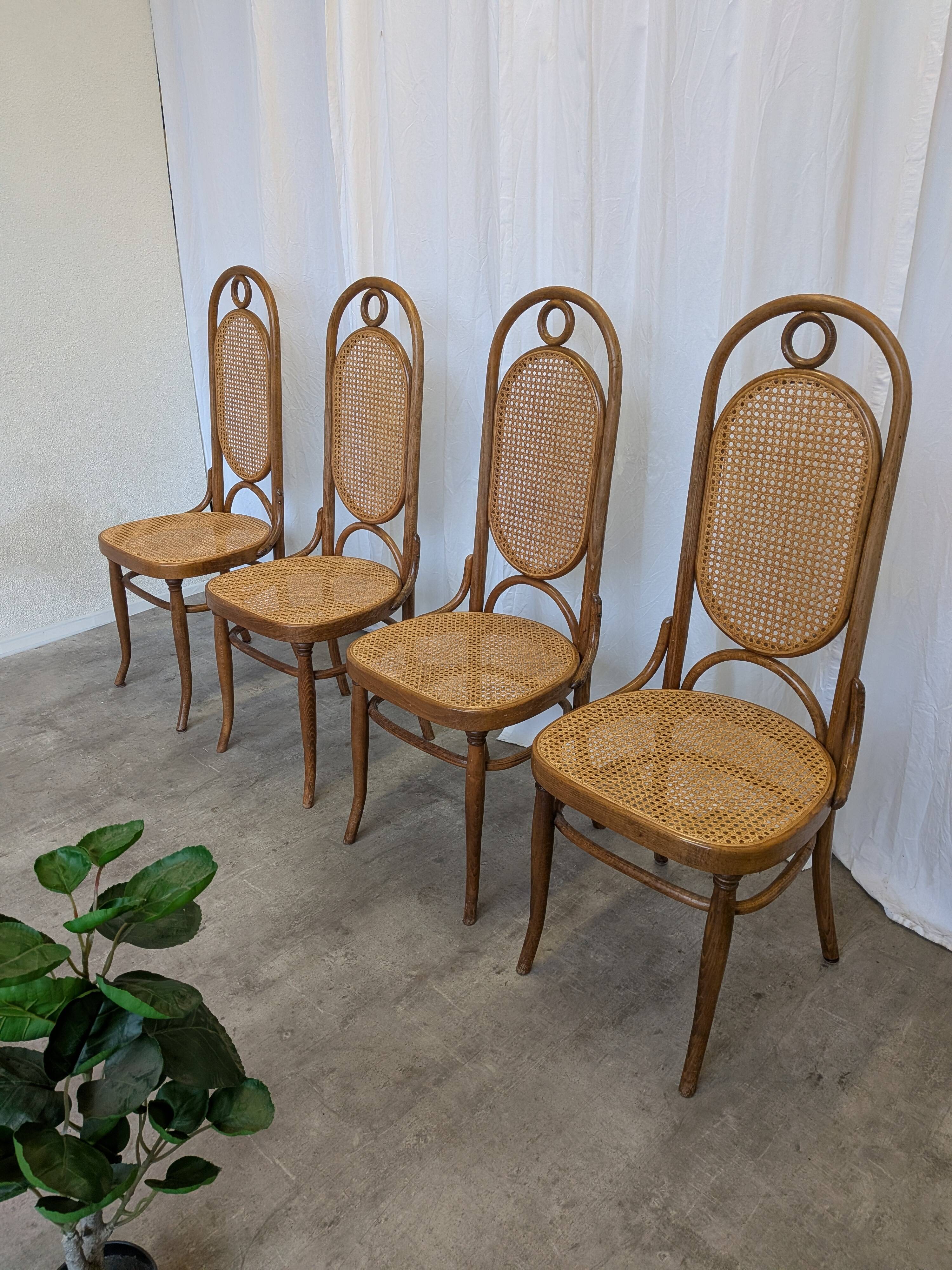 Set of 4 Vintage Bentwood Cane Dining Chair, Thonet Style, 1970s Yugoslavia