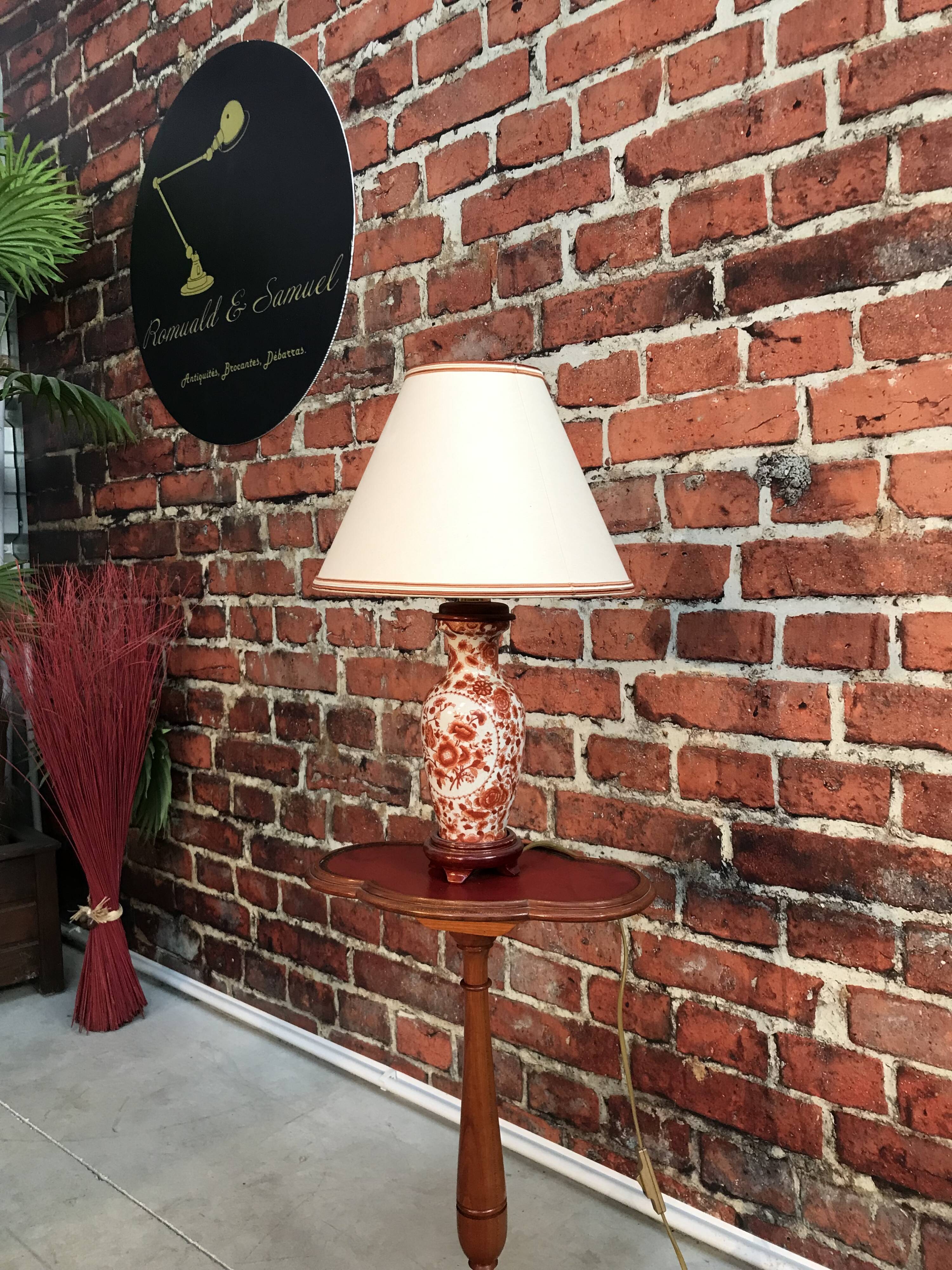 Red floor lamp with flower and pink lampshade