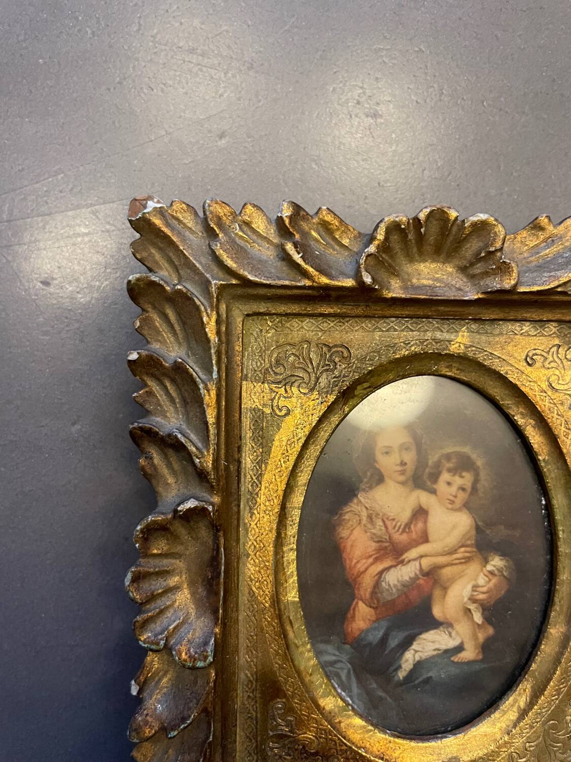 Old painting religious image carved wooden frame