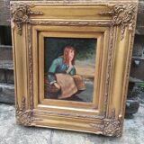 Peinture à l huile encadrée signée  R.T- cadre en bois doré -