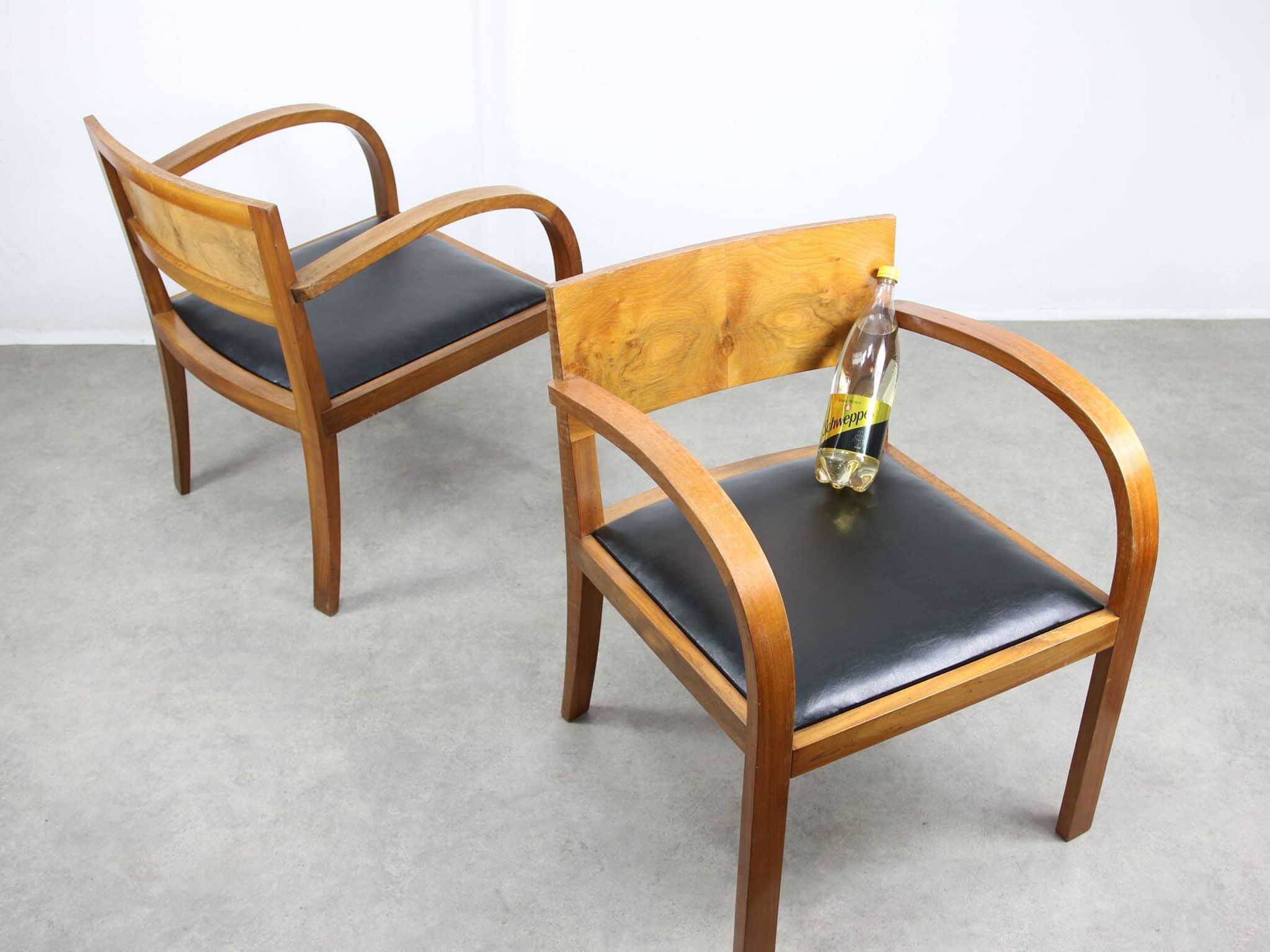 Italian Art Deco Lounge Chairs in Wood & Black Leatherette, set of 2