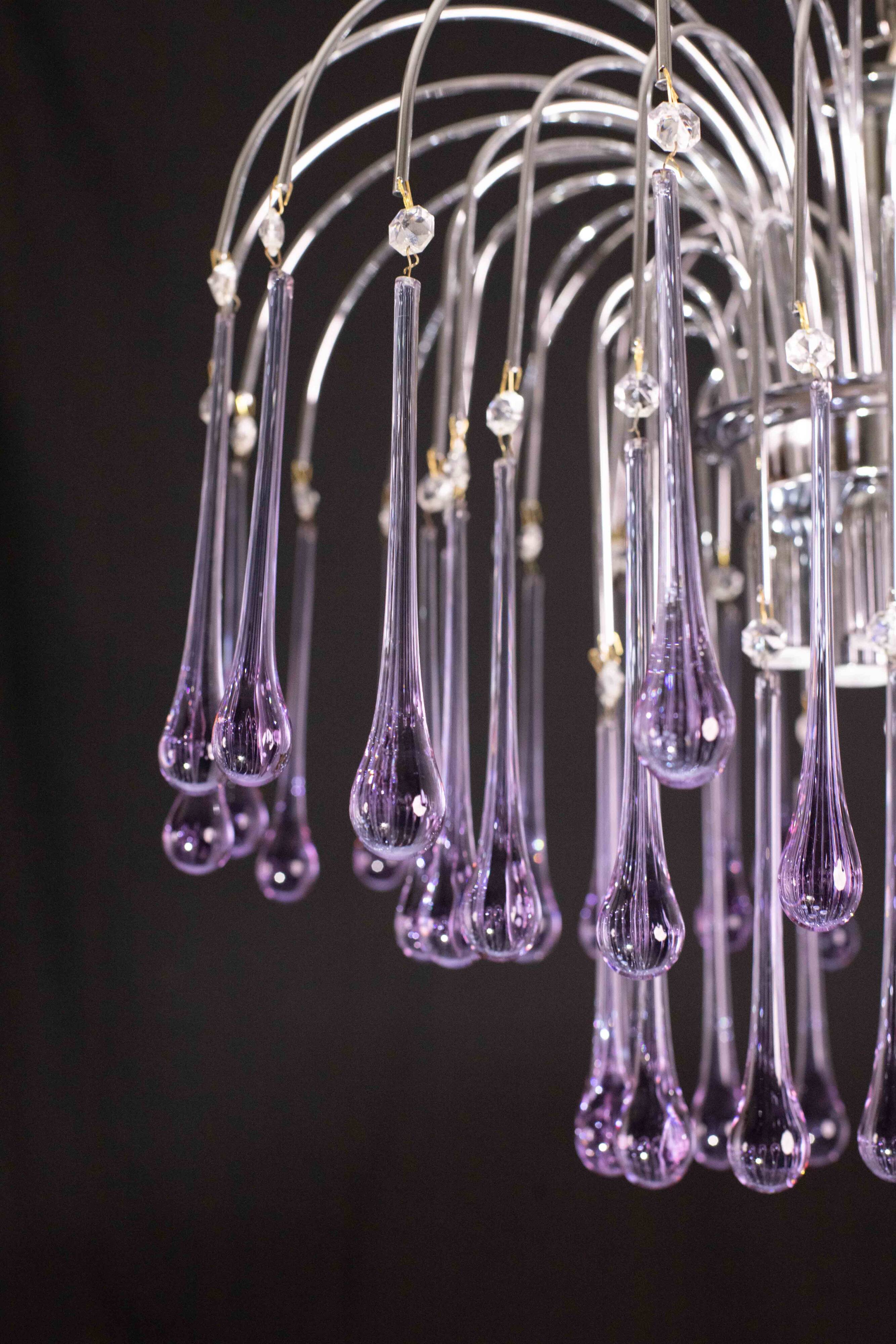 The Purple Crown, LArge Size Murano Chandelier Purple and Crystal Drops, 19