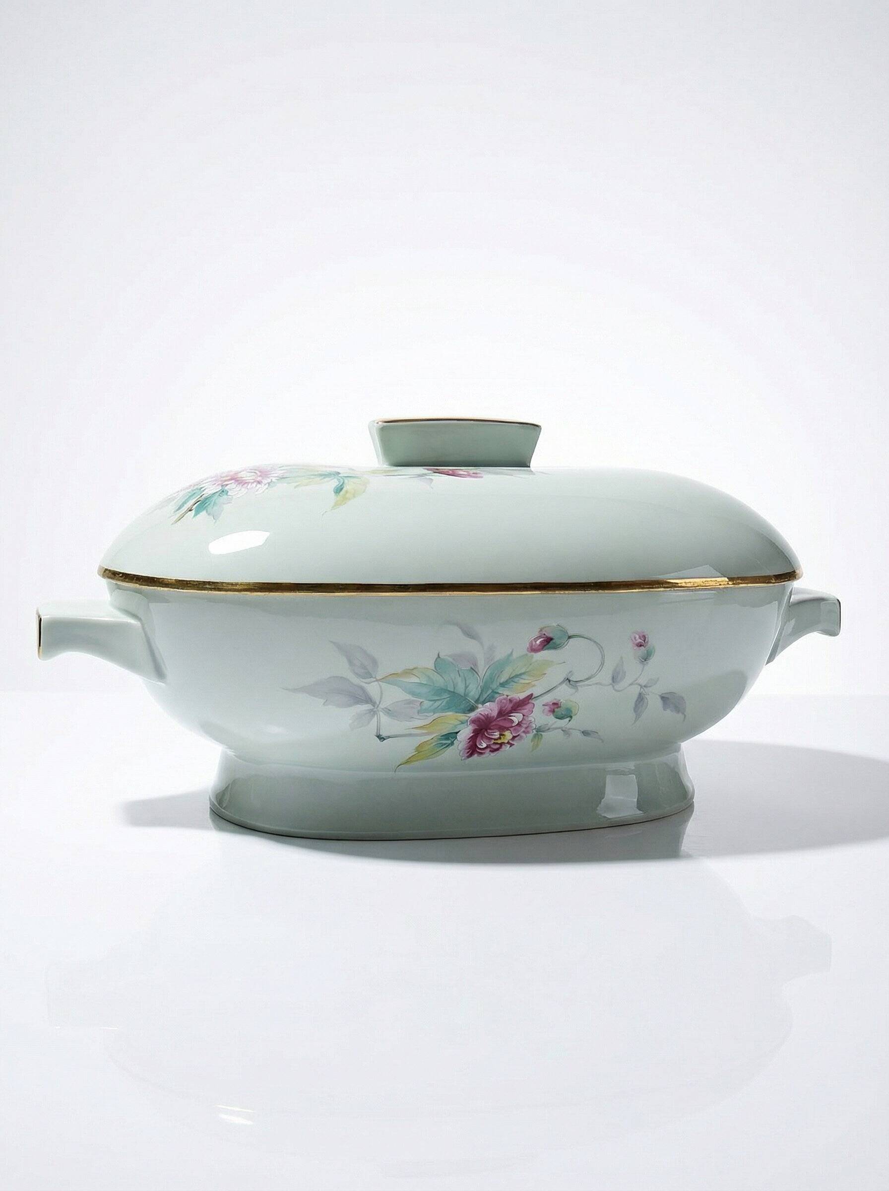 Art Deco style soup tureen with floral decoration, vintage celadon porcelain from Limoges, France.