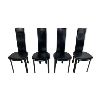 Chaises de salle à manger vintage en cuir noir, ensemble de 4, années 1980