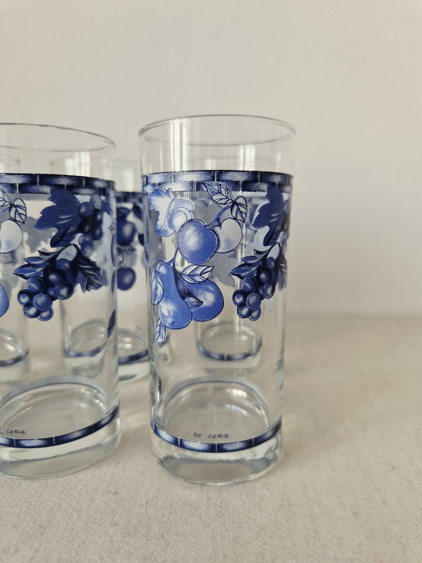 Set of 5 vintage glasses "Blue Fruit Pattern" 1970s - by Cervé Italy