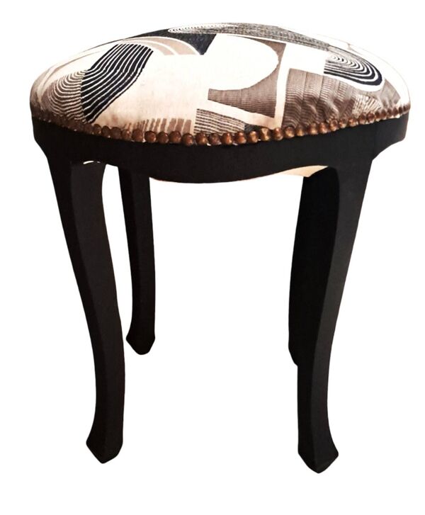 Tabouret piano bois noir Art déco tissu restauration tapissière 1950 décoration salon