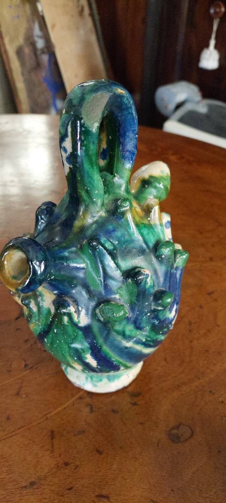 Antique glazed terracotta jug from Seminara Calabria, signed Ditto