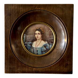 Peinture, miniature de jeune femme avec cadre Napoléon III