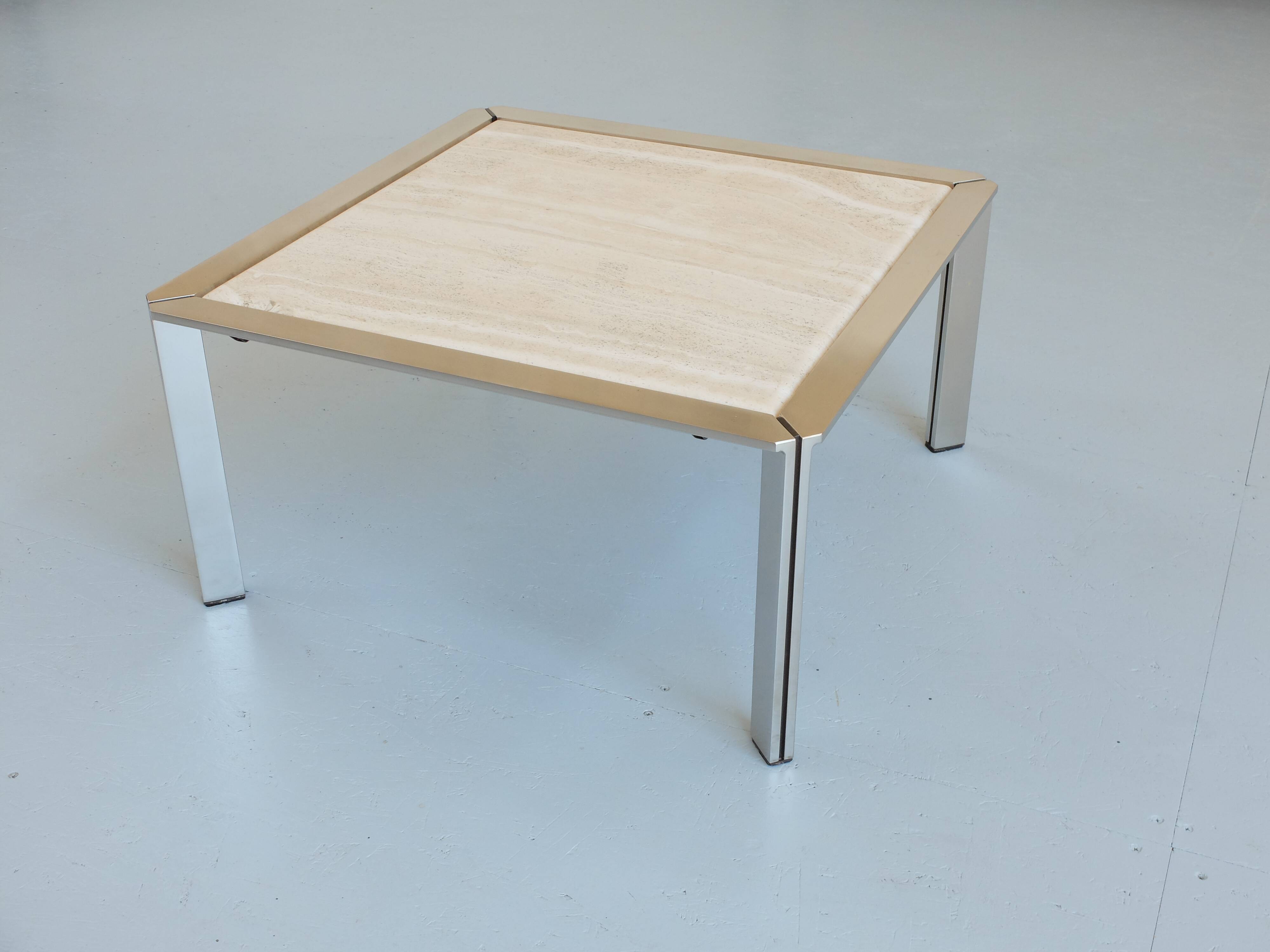 Chrome and travertine coffee table, Artelano France, 1980s.